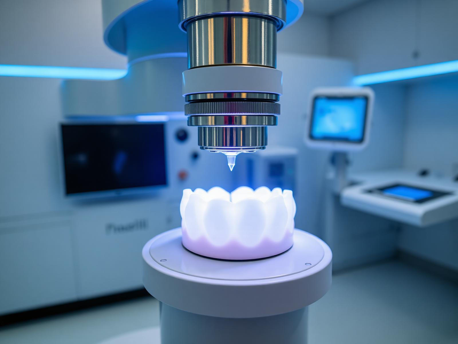 CAD/CAM machine milling a zirconia dental crown at Kamfe Dental Lab
